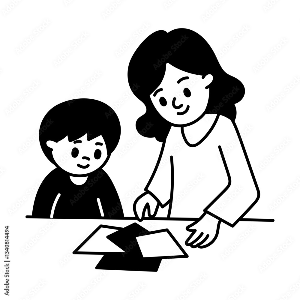 Doodle character illustration of a mom teaching child 
