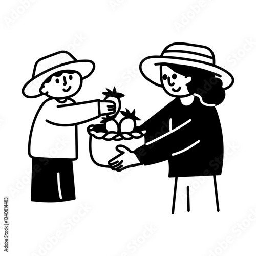 Mom and kid picking strawberries, hand drawn illustration
