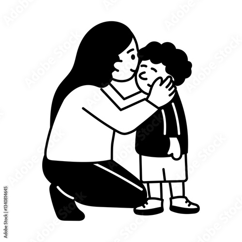 Mother kissing son on cheek, hand drawn illustration
