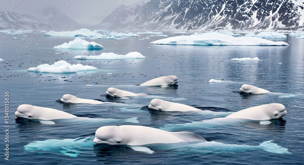 Obraz premium A Pod of Beluga Whales Swimming in the Icy Waters of the Arctic Ocean_