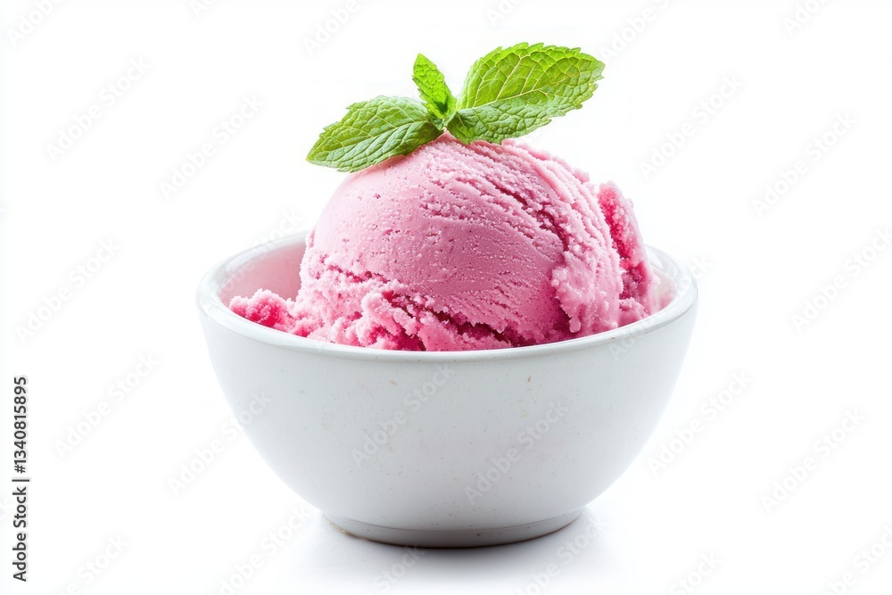 Refreshing delight of raspberry ice cream adorned with fresh mint in ceramic bowl on white backdrop Refreshing delight of raspberry ice cream adorned with fresh mint in ceramic bowl on white backdrop