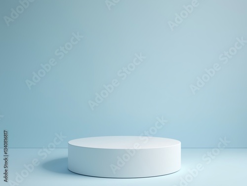 Clean, modern showcase pedestal in a soft blue setting.