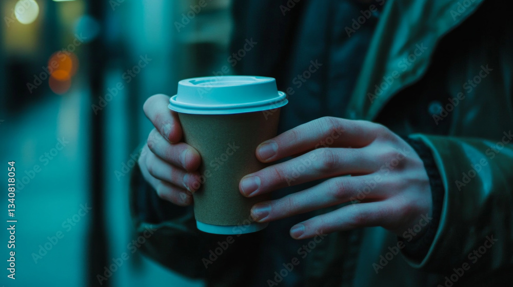 Hands holding a takeaway coffee cup while standing on a city street at twilight Hands holding a takeaway coffee cup while standing on a city street at twilight