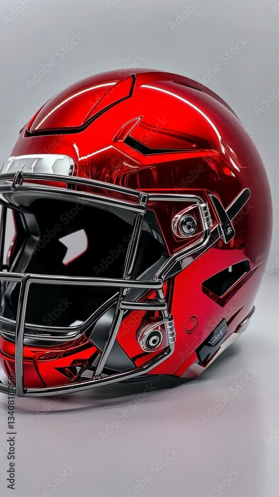 Shiny red football helmet showcasing sleek design and modern features with polished chrome accents Shiny red football helmet showcasing sleek design and modern features with polished chrome accents