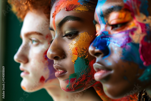 Three people stand in a row, their faces decorated with different colors of paint. The diverse palette blends seamlessly, creating a vibrant and captivating artistic statement against a muted photo