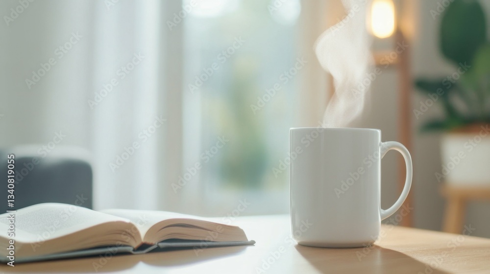 Cozy morning with steaming coffee, open book and soft natural light in peaceful home setting Cozy morning with steaming coffee, open book and soft natural light in peaceful home setting
