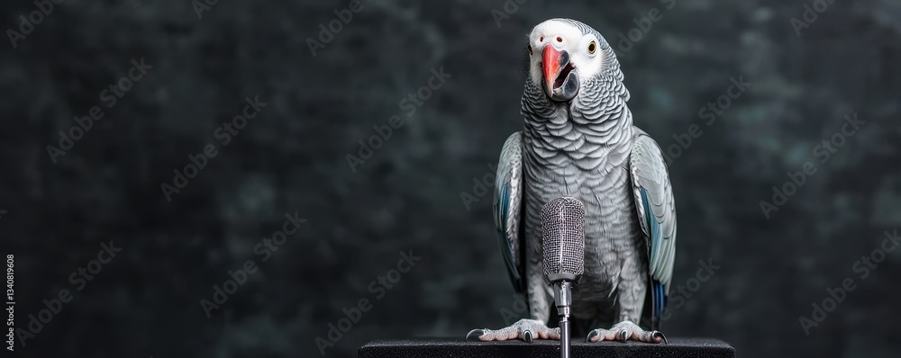 Fototapeta premium Pet play training skill concept. Gray parrot perched on a surface with a dark background.