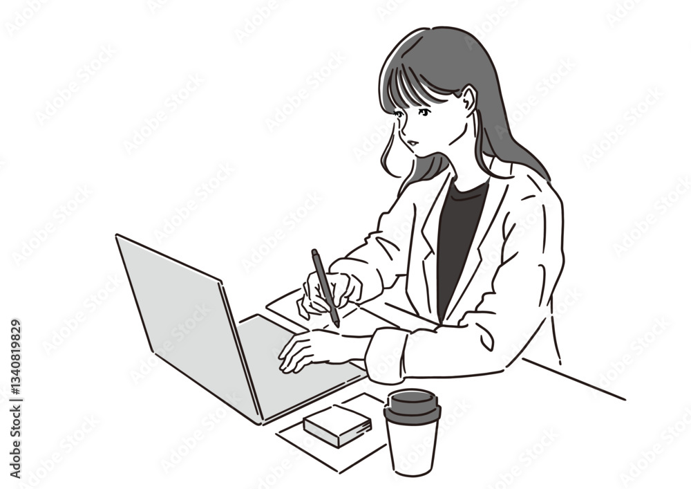 Woman Studying and Working with Laptop and Notebook – Business, Learning, and Remote Work Concept (Vector)