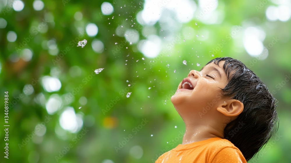 Joyful asian child playing with water in nature Joyful asian child playing with water in nature