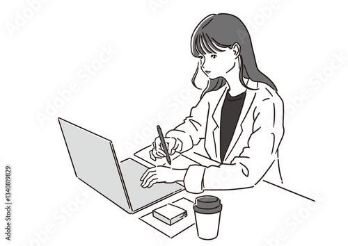 Obraz na płótnie Woman Studying and Working with Laptop and Notebook – Business, Learning, and Remote Work Concept (Vector) w salonie