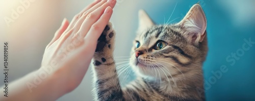 Pet play training skill concept. A cat high-fives a person's hand in a playful interaction.