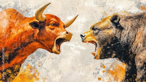 Two fierce animals, a bull and a bear, face off in an intense confrontation, showcasing strength and determination in a vibrant, artistic style. financial, stock, market, Bearish, Bullish.