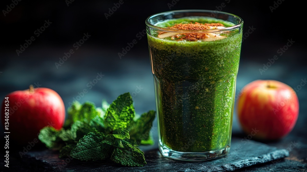 Green smoothie with apples and mint on dark slate Green smoothie with apples and mint on dark slate