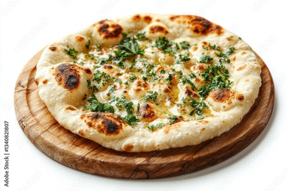 Delicious flatbread with herb topping served on wooden board against clean white background studio shot Delicious flatbread with herb topping served on wooden board against clean white background studio shot
