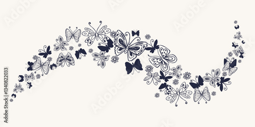 Black Retro Wave with Hand Drawn Butterflies and Cute Small Flowers. Butterfly silhouettes. Doodle insects and chamomile flowers. Elegant botanical design perfect for invitations, banners, web, prints