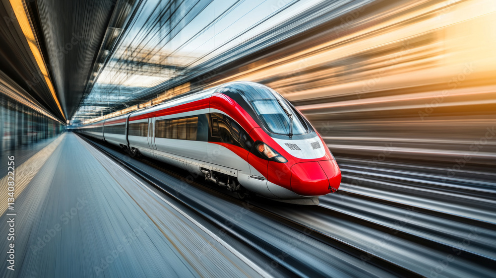Obraz premium High-speed train travels through a modern station during sunset in an urban environment