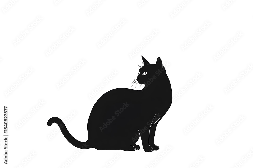 Elegant Sitting Black Cat Silhouette with White Eyes and Curled Tail Isolated on a White Background, Perfect for Simple Feline-Themed Clip Art Elegant Sitting Black Cat Silhouette with White Eyes and Curled Tail Isolated on a White Background, Perfect for Simple Feline-Themed Clip Art