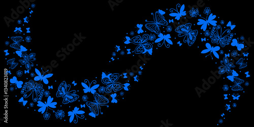 Blue Wave with Hand Drawn Butterflies Isolated on Black Background. Butterfly silhouettes. Doodle insects and chamomile flowers. Elegant botanical design perfect for invitations, banners, web, prints
