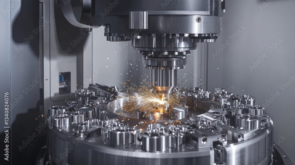 Factory CNC machining metal sparks, precision parts, industrial automation Factory CNC machining metal sparks, precision parts, industrial automation