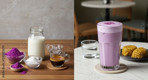 Making Ube Latte with Espresso, Milk and Powder for Coffee Drink