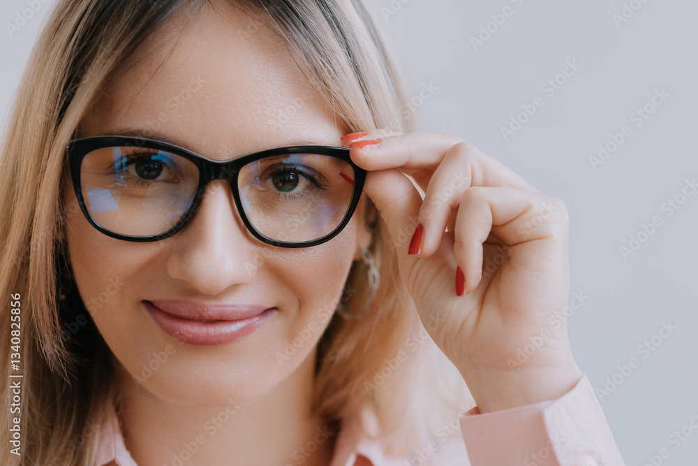 Woman using glasses for protection and eye care.