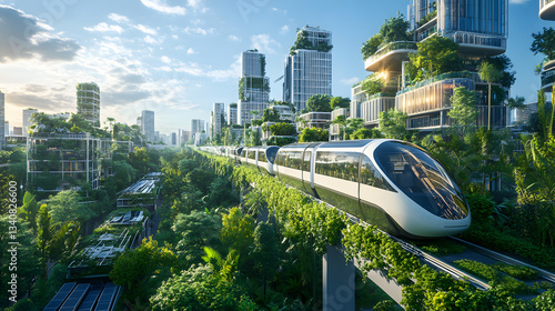 Futuristic city with electric public transport, solar rooftops, and urban farms, integrated into a green energy ecosystem for sustainability.