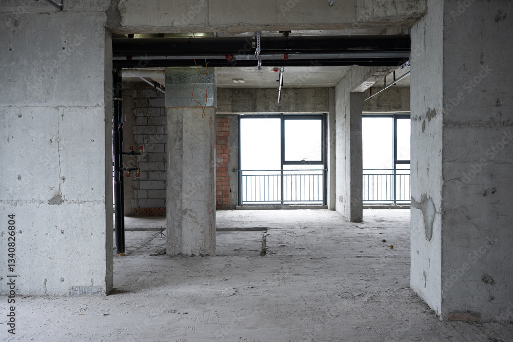 Unfinished concrete building featuring exposed pillars, visible pipes, and windows revealing an outside urban view, showcasing construction progress Unfinished concrete building featuring exposed pillars, visible pipes, and windows revealing an outside urban view, showcasing construction progress