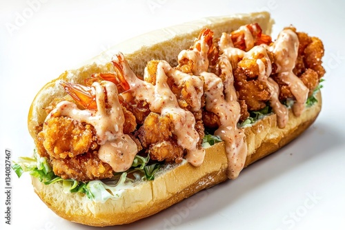 Appetizing fried shrimp po boy sandwich with creamy sauce on fresh lettuce isolated on white