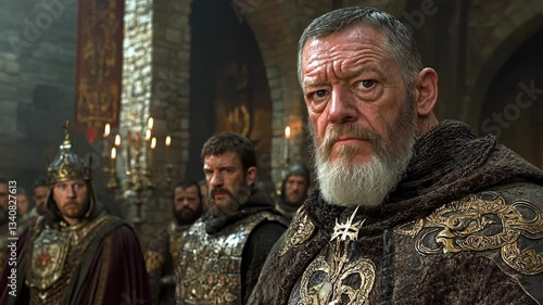 Medieval gathering of knights in ornate armor discussing a crucial battle strategy in a grand, candle-lit hall