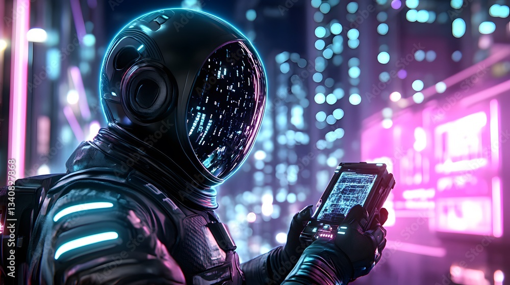 A sci-fi bounty hunter wearing an advanced exosuit, tracking their target in a cyberpunk city A sci-fi bounty hunter wearing an advanced exosuit, tracking their target in a cyberpunk city