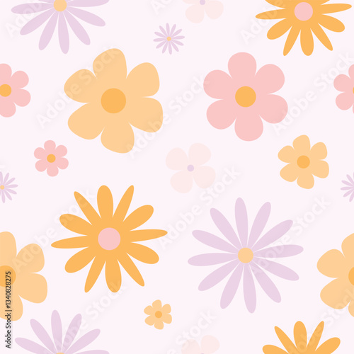Colorful groovy daisy flowers pattern on a ligth purple background for wrapping paper,wallpaper,textile and kitchen design.Vector illustration.