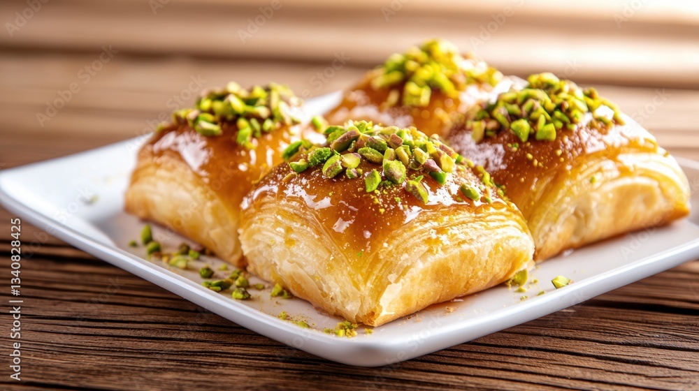 Delicious flaky baklava topped with pistachio on wooden table a harmonious blend of middle eastern cuisine Delicious flaky baklava topped with pistachio on wooden table a harmonious blend of middle eastern cuisine