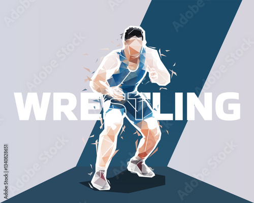 Wrestling design, strong wrestler. Greco roman sports, low poly vector illustration