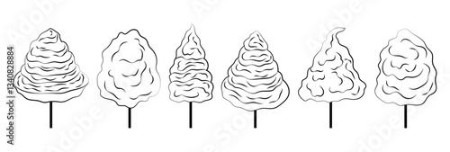 Candyfloss. Set black and white line illustrations Cotton Candy. Sweet sugar dessert. Takeaway. Park, lunapark, cinema, circus.	