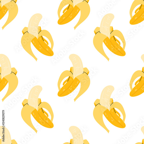 Banana. Tropical fruit. Peeled ripe banana. Seamless pattern with yellow ripe banana on white background. For textile, wrapping paper, postcards or covers.