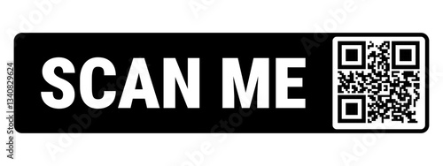 QR code scan me black block. White letters advise scanning. Square code for mobile phones reads data. Symbol for connecting device to network.