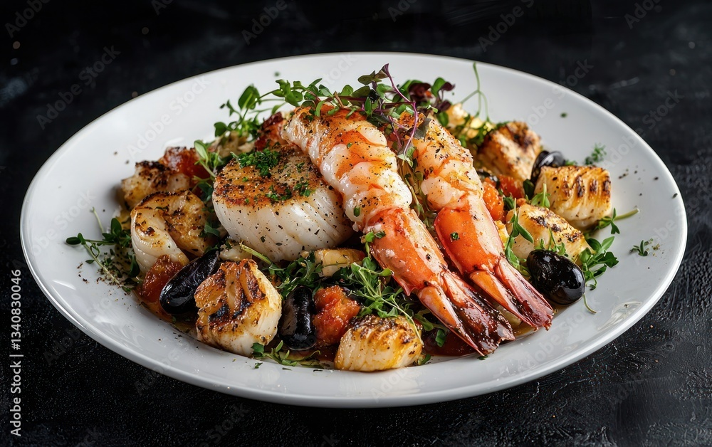 Seared Scallops and Grilled Shrimp with Microgreens and Black Olives on White Plate Seared Scallops and Grilled Shrimp with Microgreens and Black Olives on White Plate