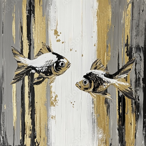 Surreal oil gold painting with two fishes, AI generated