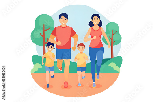 childhood obesity nutrition exercise community A family jogging together in a park surrounded by trees and greenery.