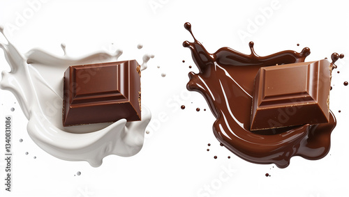 Two chocolate pieces, one with a milk splash and the other with a chocolate splash, showcasing the contrast and dynamism of confectionery ingredients in motion