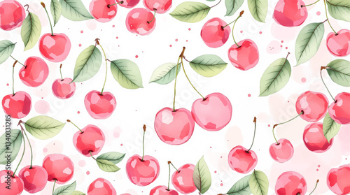 Watercolor red cherries on white background seamless vector pattern