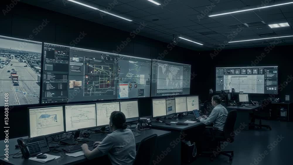A futuristic transportation monitoring center with large screens displaying live data of highways and supply chain logistics A futuristic transportation monitoring center with large screens displaying live data of highways and supply chain logistics