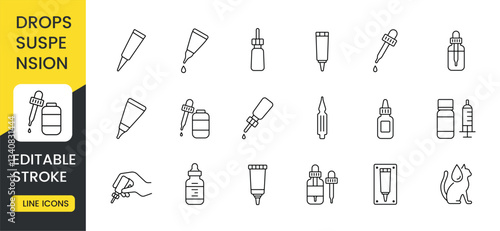 A set of line icons representing drops and suspension medications, with an editable stroke. The icons feature various forms of liquid medicine administration, including droppers, ampoules