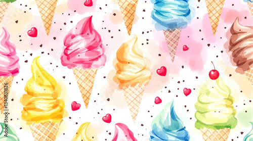 Watercolor pattern ice cream white background