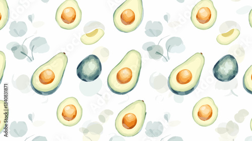  Avocado water color on white background seamless pattern