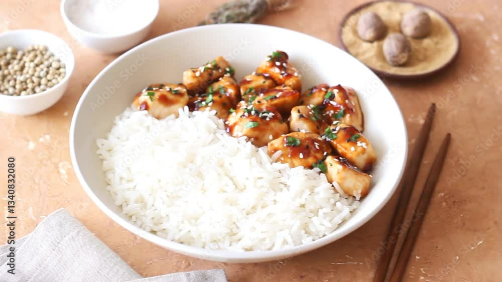 Chicken in teriyaki sauce with rice. Asian food. Healthy eating. Chicken in teriyaki sauce with rice. Asian food. Healthy eating.