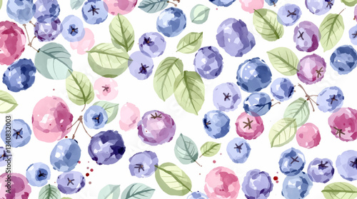 Seamless pattern of red, blue and purple berries on white background