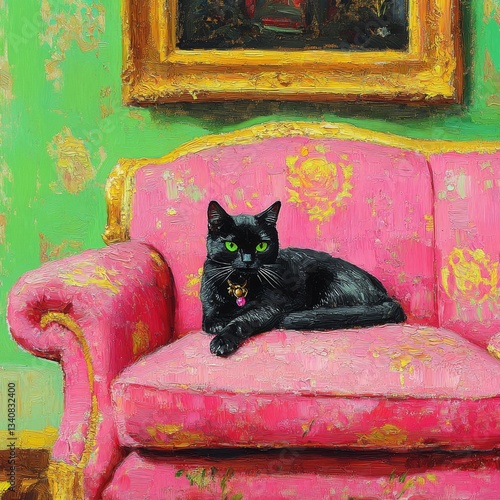 Fine art oil painting , cozy sofa and black cat on it, AI generated