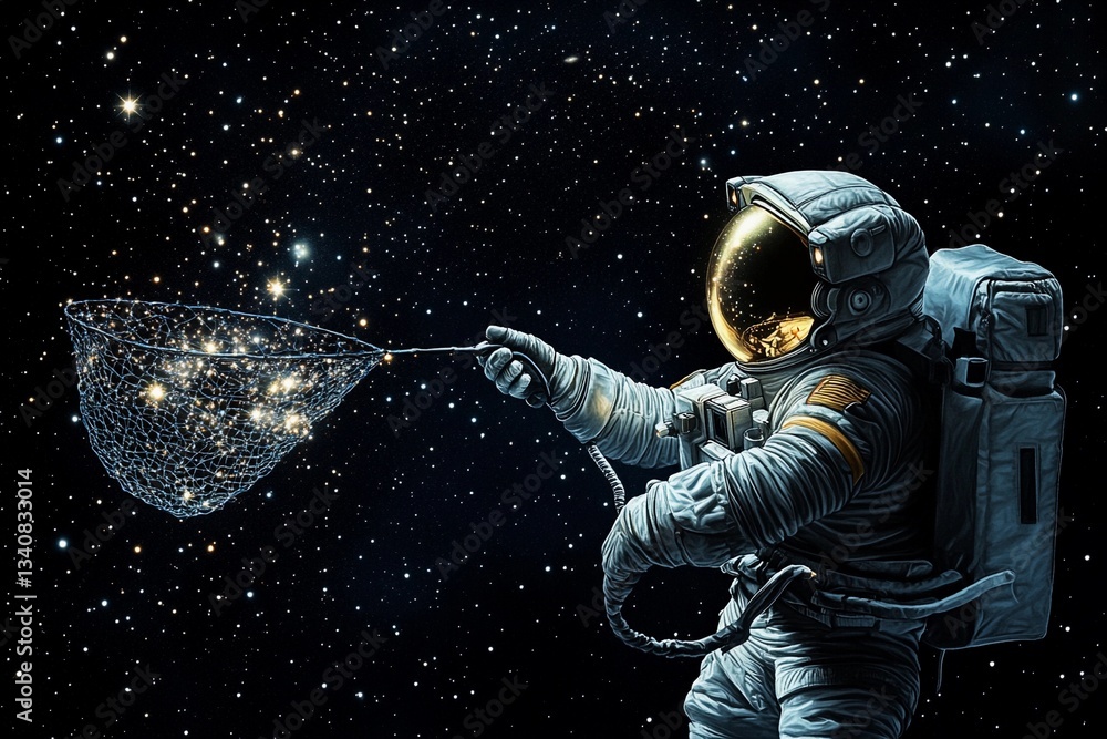 Fototapeta premium Astronaut explores a galaxy while using a net to catch stars in a cosmic adventure