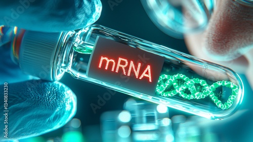 Close-Up View of Laboratory Scientist Holding mRNA Vial in Gloved Hand with Green DNA Helix Visual in Modern Research Setting